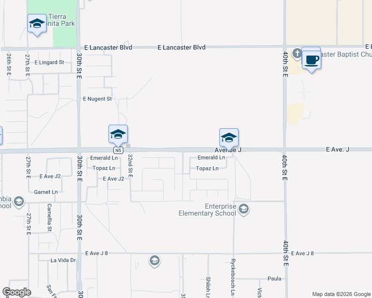 map of restaurants, bars, coffee shops, grocery stores, and more near 3519 Emerald Lane in Lancaster