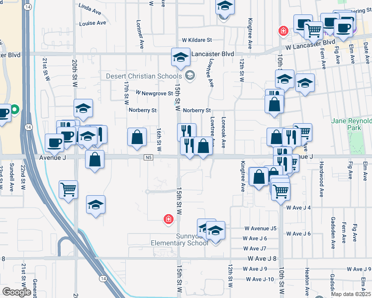 map of restaurants, bars, coffee shops, grocery stores, and more near 1344 Pillsbury Street in Lancaster
