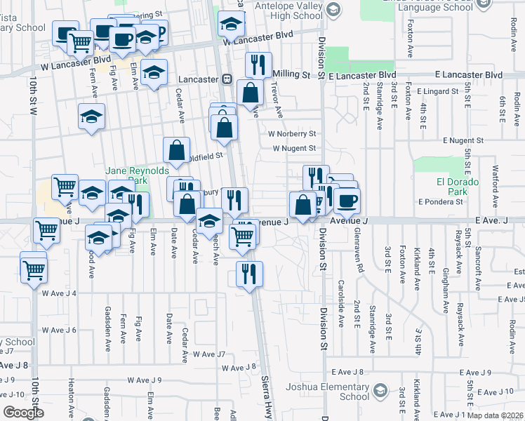 map of restaurants, bars, coffee shops, grocery stores, and more near 405 West Pondera Street in Lancaster