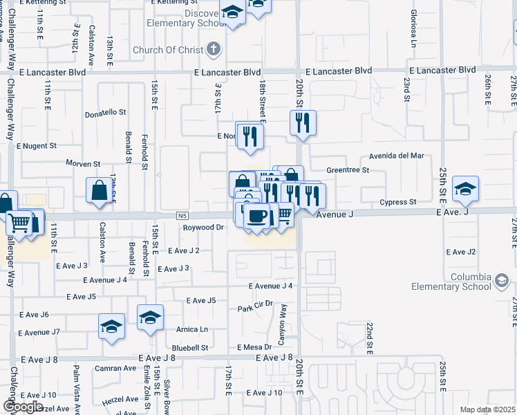 map of restaurants, bars, coffee shops, grocery stores, and more near 1759 Avenue J in Lancaster