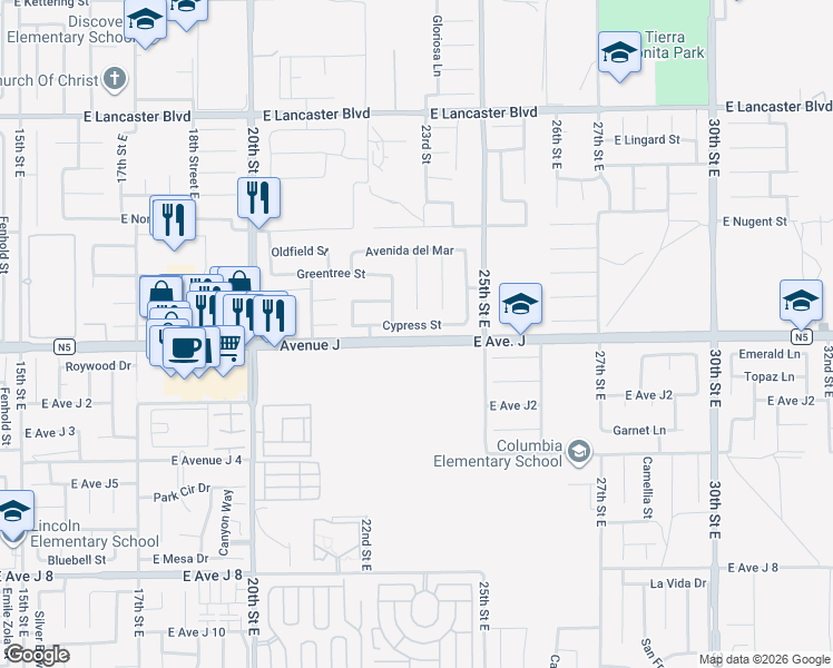 map of restaurants, bars, coffee shops, grocery stores, and more near 2252 Cypress Street in Lancaster