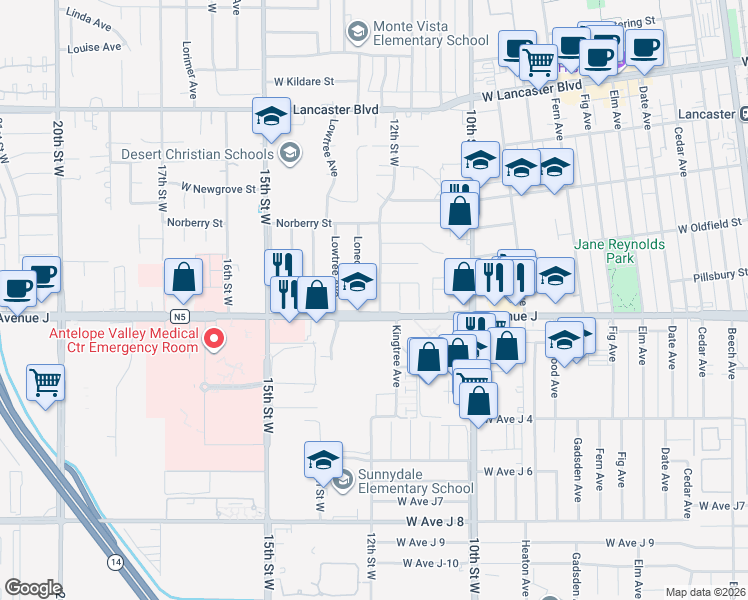 map of restaurants, bars, coffee shops, grocery stores, and more near 12th Street West in Los Angeles County