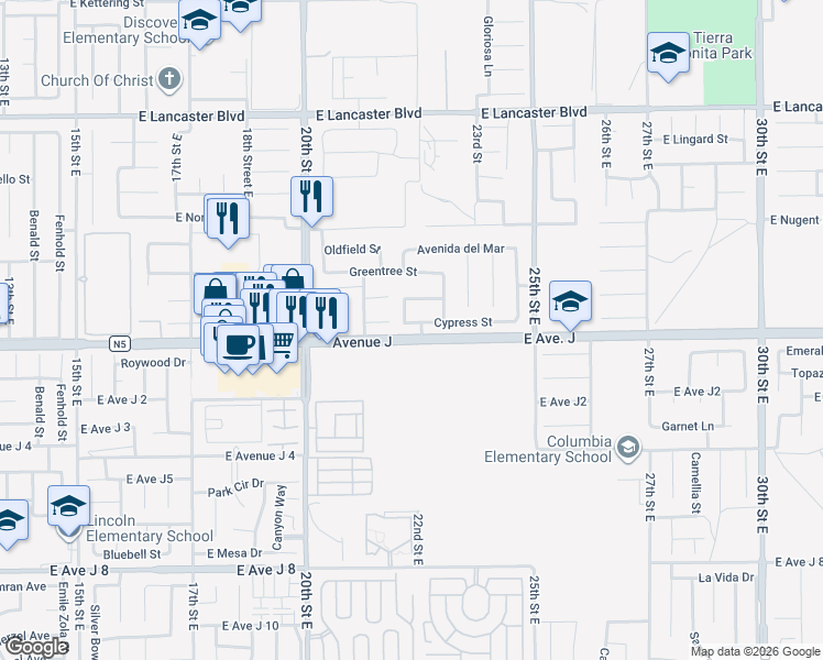 map of restaurants, bars, coffee shops, grocery stores, and more near 2158 Cypress Street in Lancaster