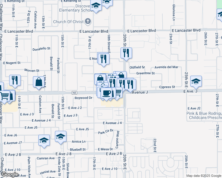 map of restaurants, bars, coffee shops, grocery stores, and more near 1799 East Avenue J in Lancaster