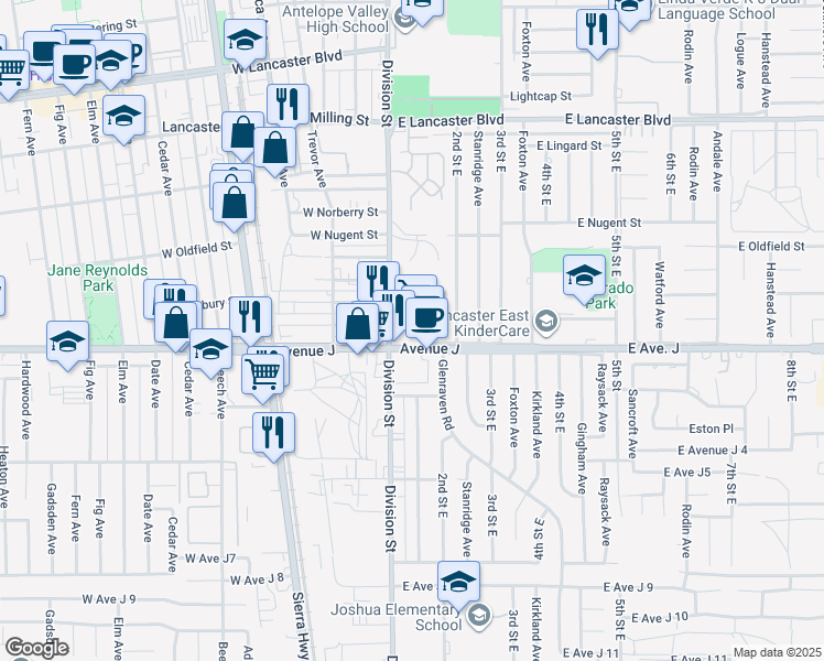map of restaurants, bars, coffee shops, grocery stores, and more near 105 East Avenue J in Lancaster