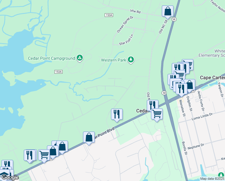 map of restaurants, bars, coffee shops, grocery stores, and more near 201 Marsh Island Drive in Cedar Point