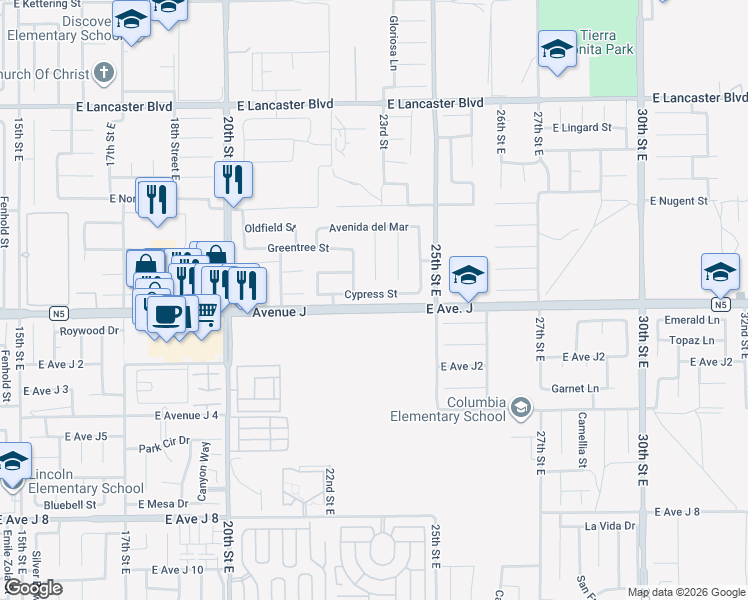 map of restaurants, bars, coffee shops, grocery stores, and more near 2252 Cypress Street in Lancaster