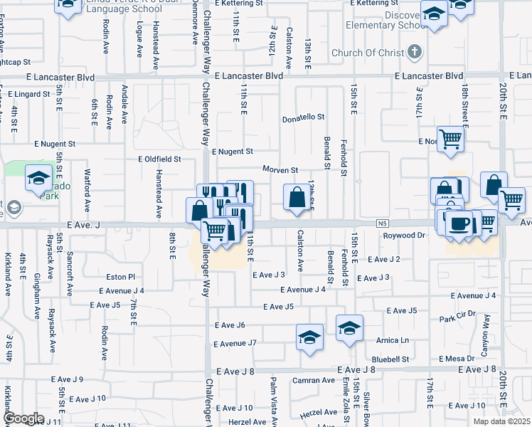 map of restaurants, bars, coffee shops, grocery stores, and more near 44415 Palm Vista Avenue in Lancaster