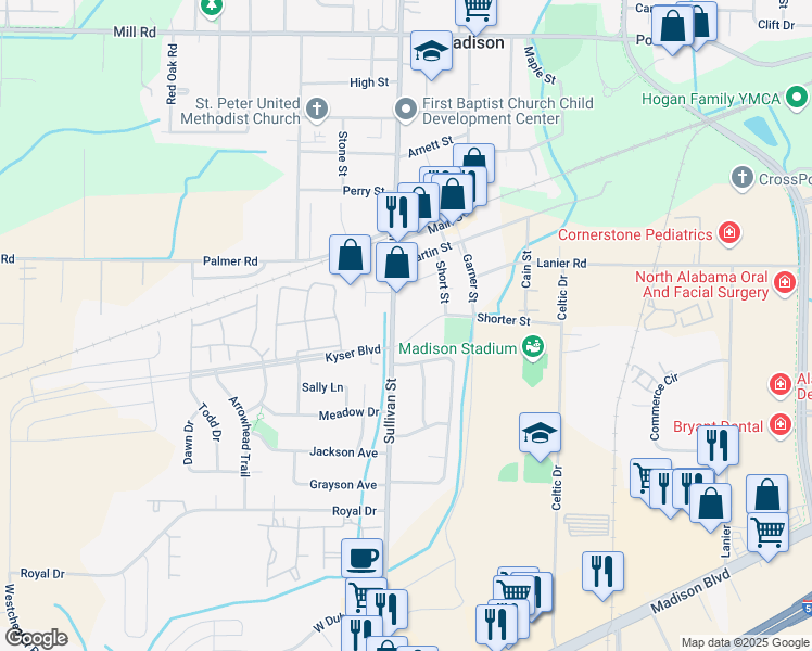 map of restaurants, bars, coffee shops, grocery stores, and more near 85 Shorter Street in Madison