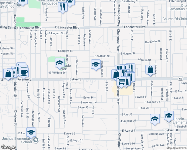 map of restaurants, bars, coffee shops, grocery stores, and more near 733 East Avenue J in Lancaster