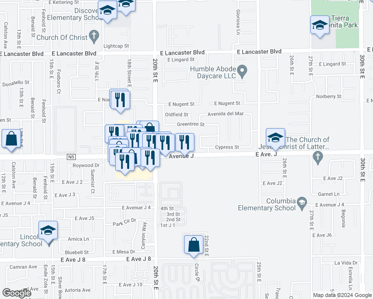 map of restaurants, bars, coffee shops, grocery stores, and more near 2112 Cypress Street in Lancaster