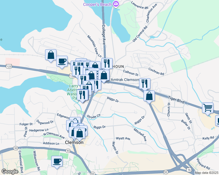 map of restaurants, bars, coffee shops, grocery stores, and more near 1108 Tiger Boulevard in Clemson