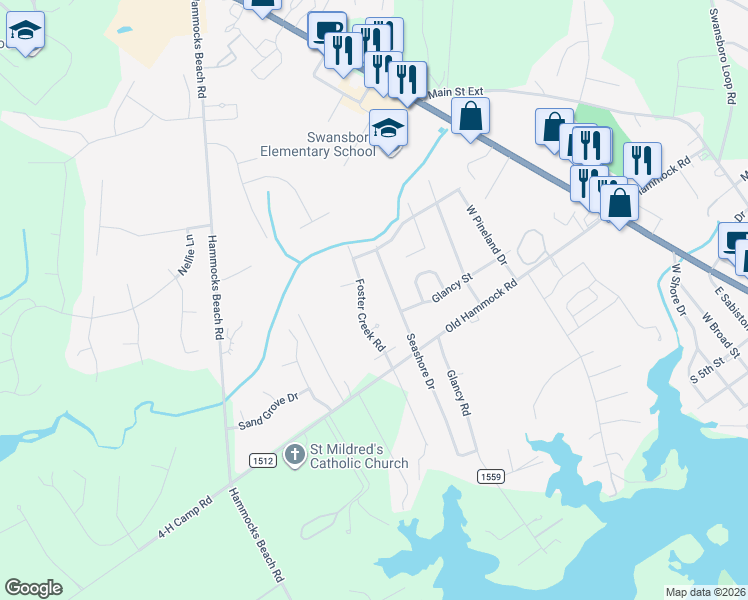 map of restaurants, bars, coffee shops, grocery stores, and more near 324 Foster Creek Road in Swansboro
