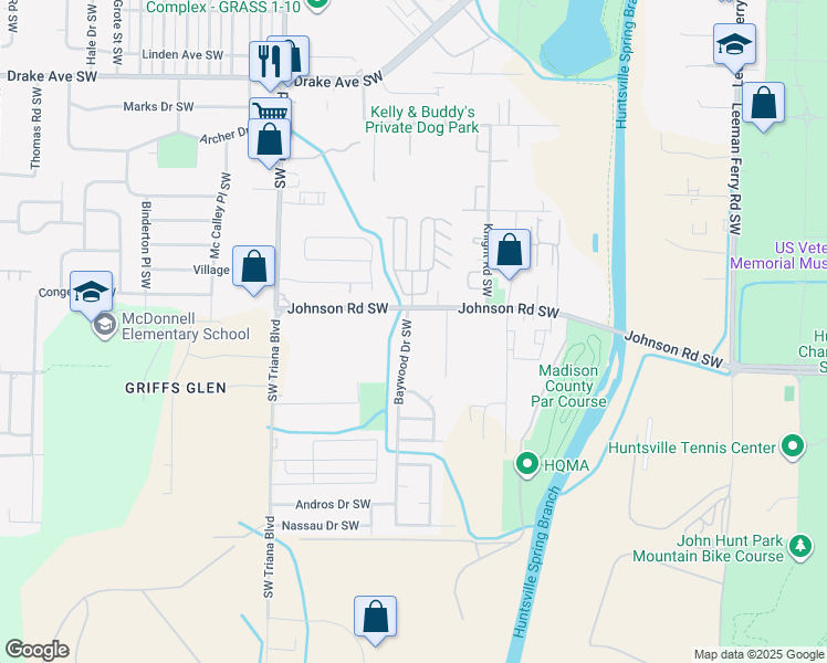 map of restaurants, bars, coffee shops, grocery stores, and more near 3001 Johnson Road Southwest in Huntsville