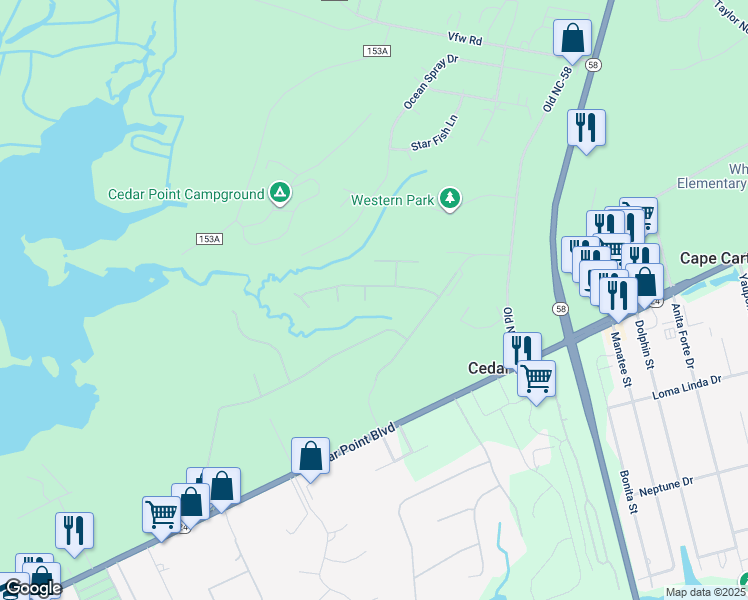 map of restaurants, bars, coffee shops, grocery stores, and more near 203 Walkers Cay in Cedar Point