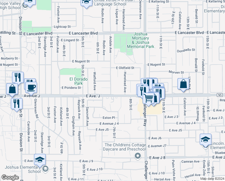 map of restaurants, bars, coffee shops, grocery stores, and more near 44414 Andale Avenue in Lancaster
