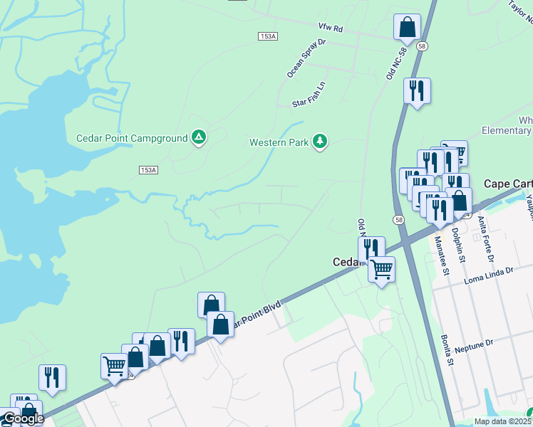 map of restaurants, bars, coffee shops, grocery stores, and more near 203 Walkers Cay in Cedar Point