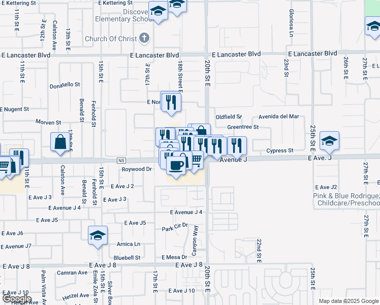 map of restaurants, bars, coffee shops, grocery stores, and more near 1799 East Avenue J in Lancaster