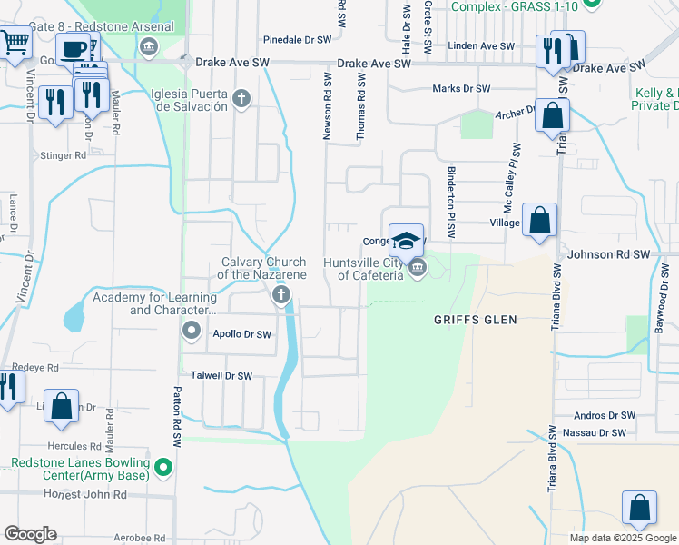 map of restaurants, bars, coffee shops, grocery stores, and more near in Huntsville