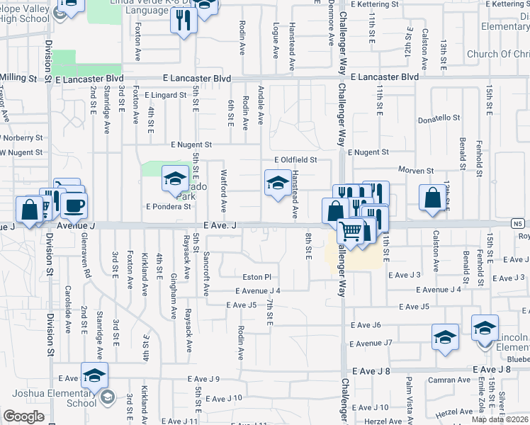 map of restaurants, bars, coffee shops, grocery stores, and more near 44414 Andale Avenue in Lancaster