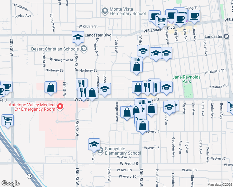 map of restaurants, bars, coffee shops, grocery stores, and more near 44435 12th Street West in Lancaster