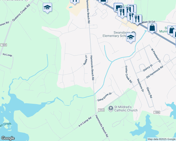 map of restaurants, bars, coffee shops, grocery stores, and more near 1003 Marlot Court in Swansboro