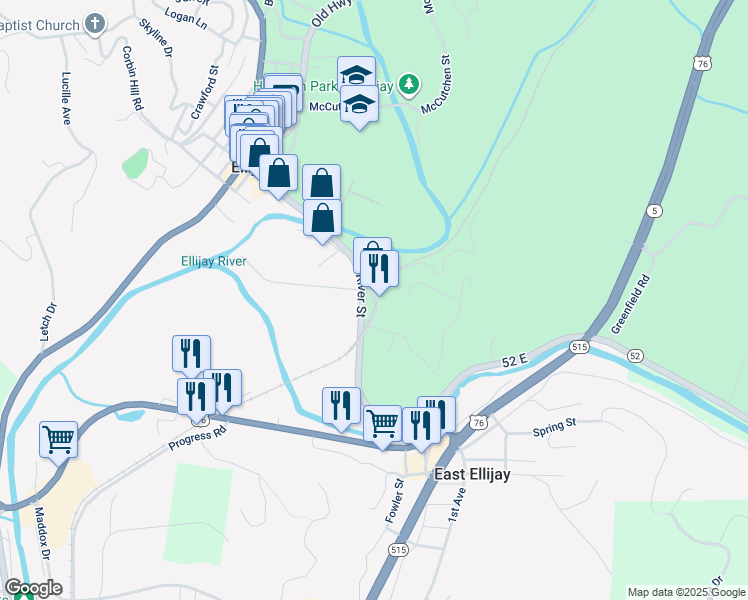 map of restaurants, bars, coffee shops, grocery stores, and more near 91 Depot Street in Ellijay