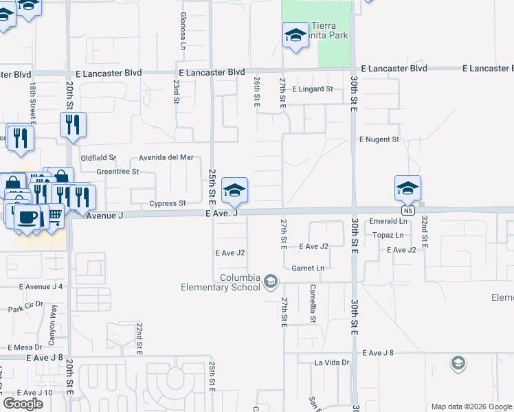 map of restaurants, bars, coffee shops, grocery stores, and more near 2619 Vía Romana in Lancaster