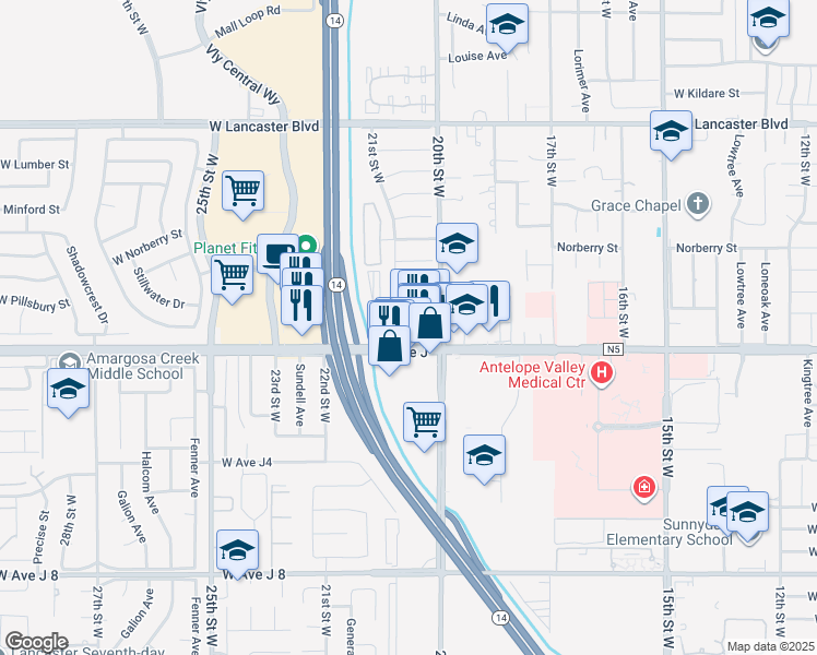 map of restaurants, bars, coffee shops, grocery stores, and more near 44451 20th Street West in Lancaster