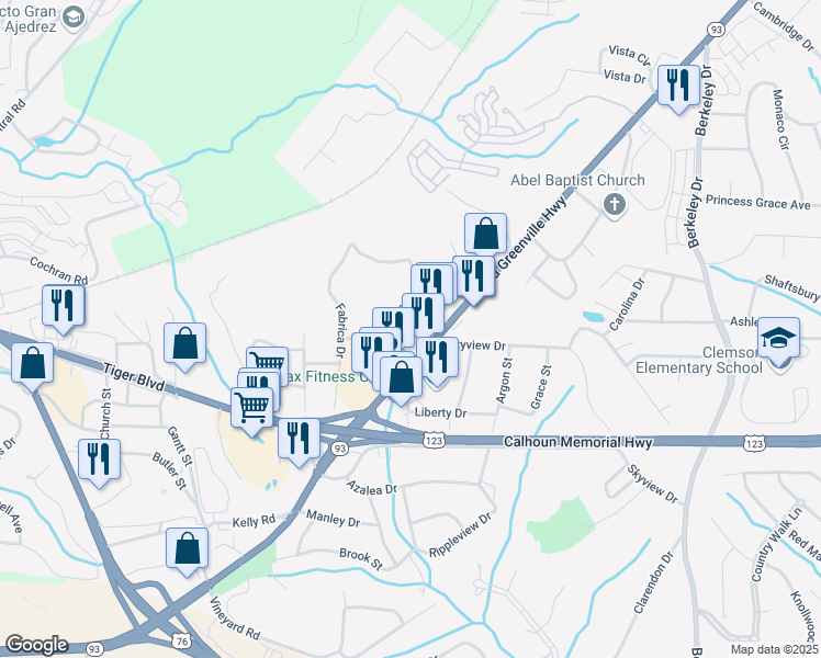 map of restaurants, bars, coffee shops, grocery stores, and more near 501 Old Greenville Highway in Clemson