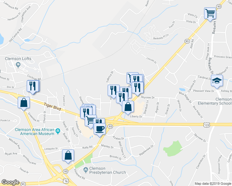 map of restaurants, bars, coffee shops, grocery stores, and more near 102 Summey Street in Clemson