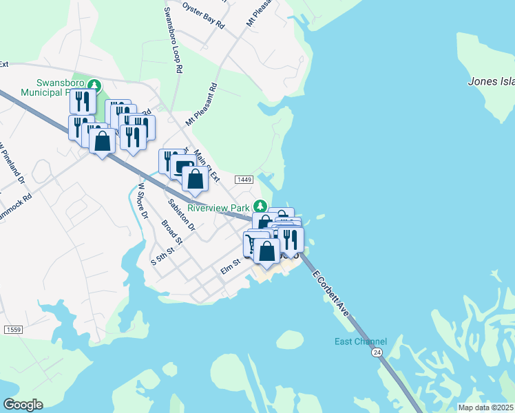 map of restaurants, bars, coffee shops, grocery stores, and more near 214 Harbour View Drive in Swansboro