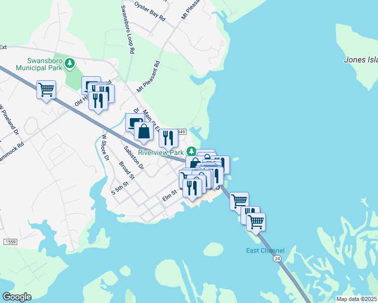 map of restaurants, bars, coffee shops, grocery stores, and more near 214 Harbour View Drive in Swansboro