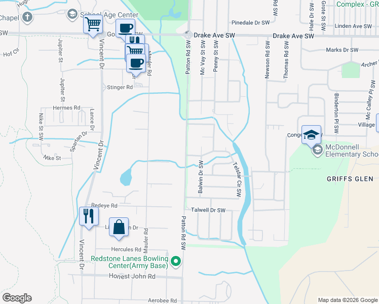 map of restaurants, bars, coffee shops, grocery stores, and more near 4217 Patton Road Southwest in Huntsville
