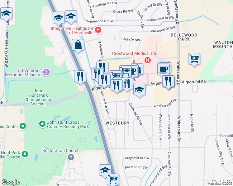 map of restaurants, bars, coffee shops, grocery stores, and more near 505 Airport Road Southwest in Huntsville