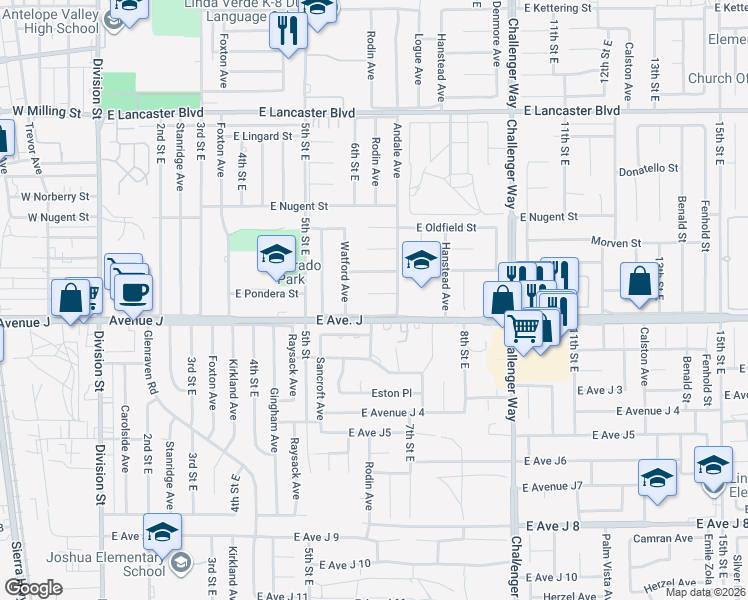 map of restaurants, bars, coffee shops, grocery stores, and more near 614 East Pondera Street in Lancaster