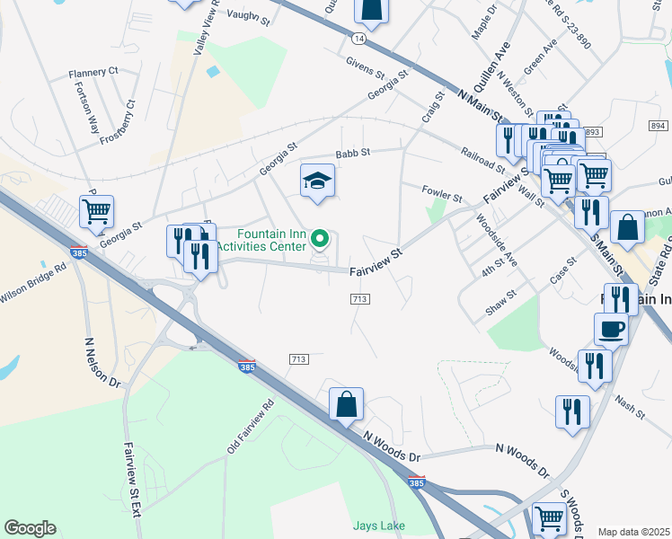 map of restaurants, bars, coffee shops, grocery stores, and more near 608 Fairview Street in Fountain Inn