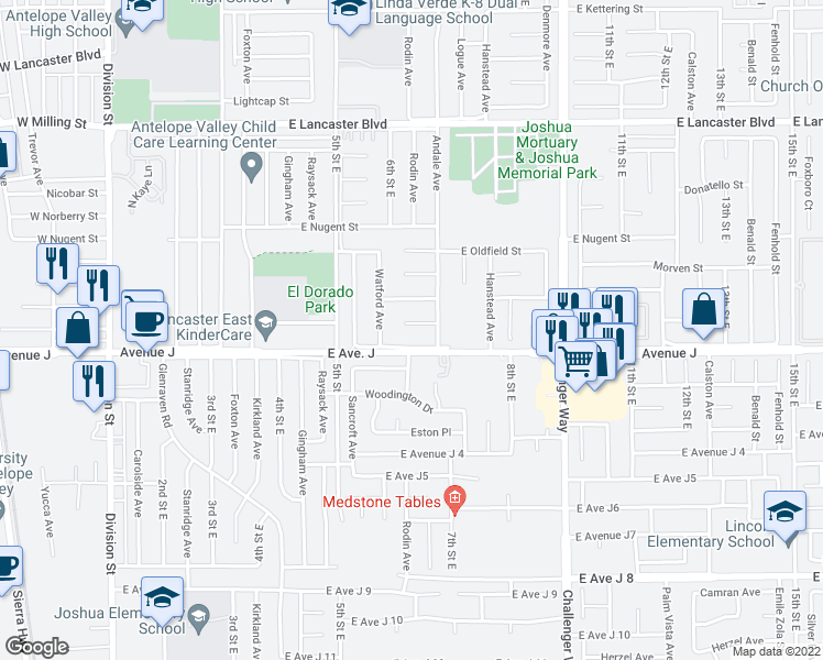 map of restaurants, bars, coffee shops, grocery stores, and more near 614 East Pondera Street in Lancaster