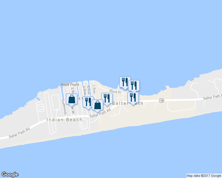 map of restaurants, bars, coffee shops, grocery stores, and more near 198 Shore Drive in Salter Path