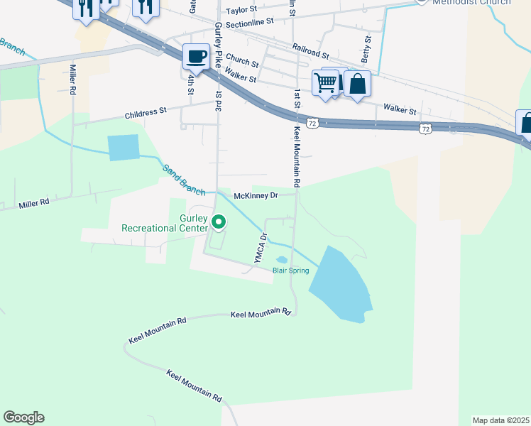 map of restaurants, bars, coffee shops, grocery stores, and more near 255 Ymca Drive in Gurley