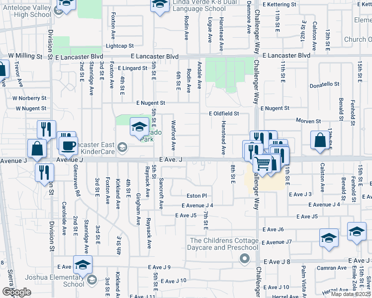 map of restaurants, bars, coffee shops, grocery stores, and more near 610 East Pondera Street in Lancaster