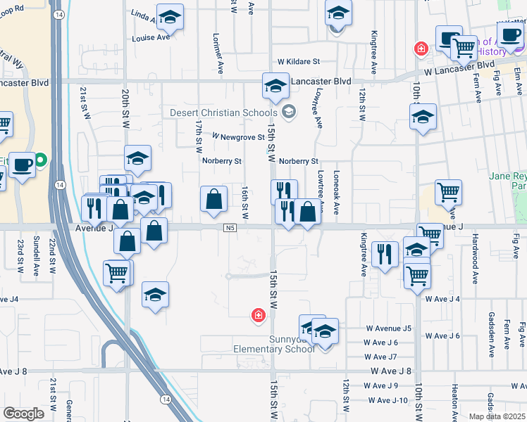 map of restaurants, bars, coffee shops, grocery stores, and more near 44444 16th Street West in Lancaster