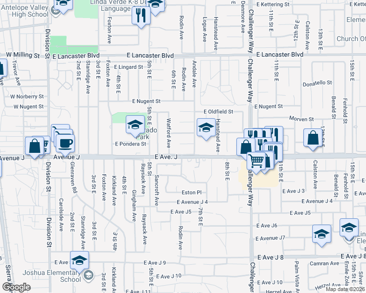 map of restaurants, bars, coffee shops, grocery stores, and more near 614 East Pondera Street in Lancaster