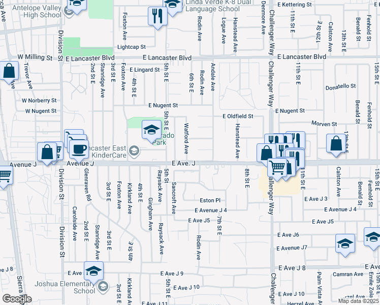 map of restaurants, bars, coffee shops, grocery stores, and more near 44416 Watford Avenue in Lancaster