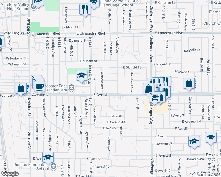 map of restaurants, bars, coffee shops, grocery stores, and more near 614 East Pondera Street in Lancaster