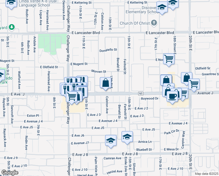 map of restaurants, bars, coffee shops, grocery stores, and more near 44430 Calston Avenue in Lancaster
