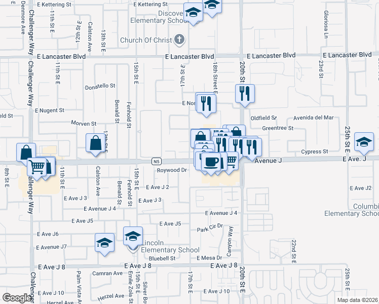map of restaurants, bars, coffee shops, grocery stores, and more near 17th Street East in Lancaster