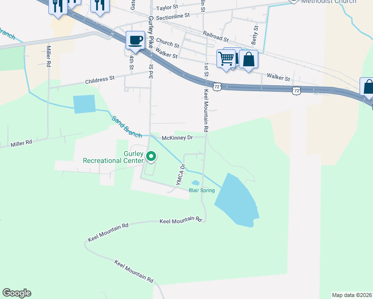 map of restaurants, bars, coffee shops, grocery stores, and more near 255 Ymca Drive in Gurley