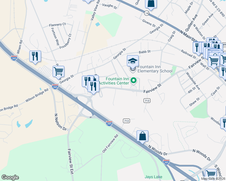 map of restaurants, bars, coffee shops, grocery stores, and more near 700a Fairview Street in Fountain Inn