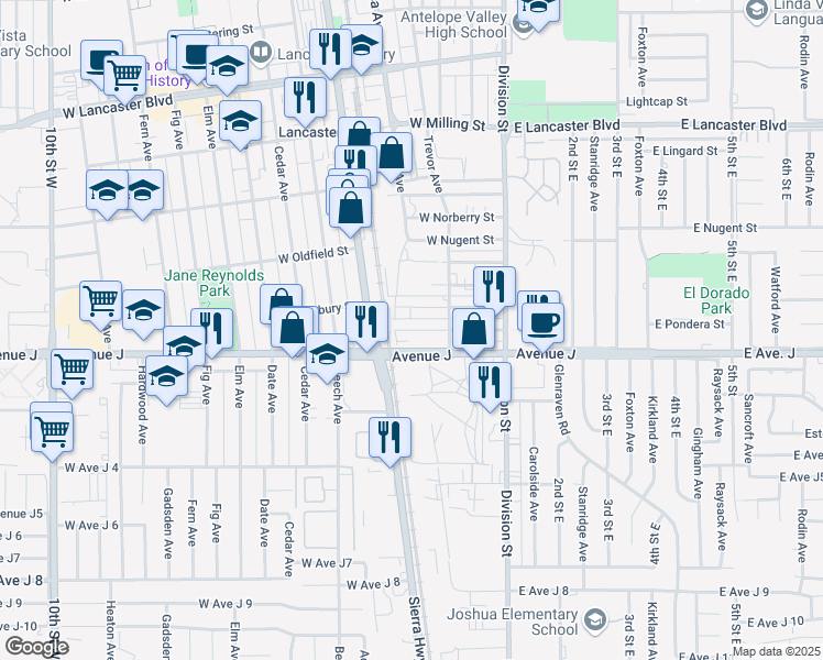 map of restaurants, bars, coffee shops, grocery stores, and more near Trevor Avenue in Lancaster